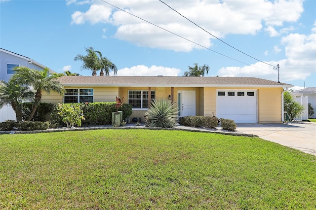 ranch-style house featuring driveway, a front yard, and an attached garage