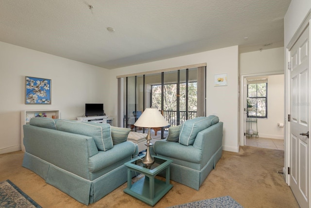 living room featuring light carpet, a textured ceiling, and baseboards