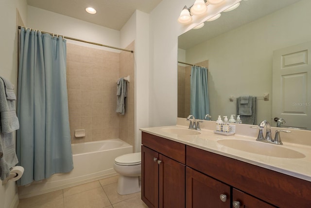 full bath featuring double vanity, shower / tub combo, tile patterned flooring, and a sink