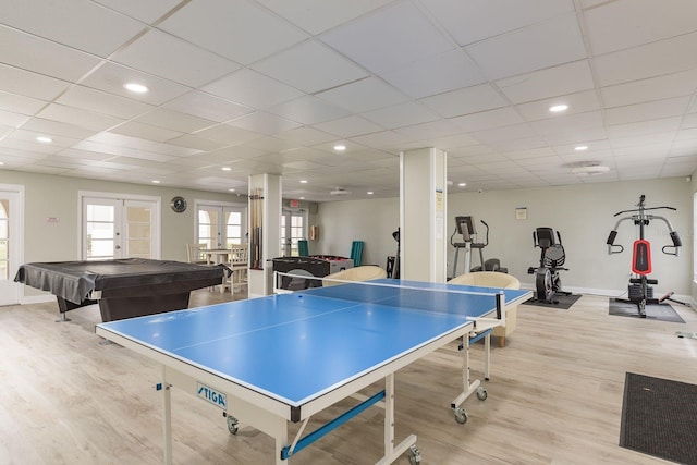 playroom with french doors, recessed lighting, pool table, light wood-style flooring, and baseboards