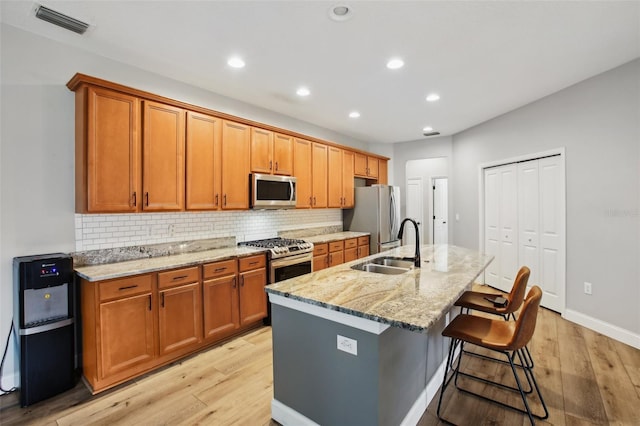 kitchen with light wood-style flooring, stainless steel appliances, a sink, visible vents, and tasteful backsplash