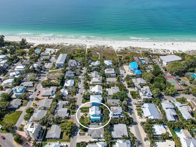 bird's eye view featuring a beach view, a residential view, and a water view