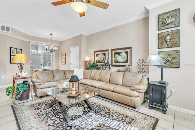 living area with ornamental molding, visible vents, baseboards, and light tile patterned flooring