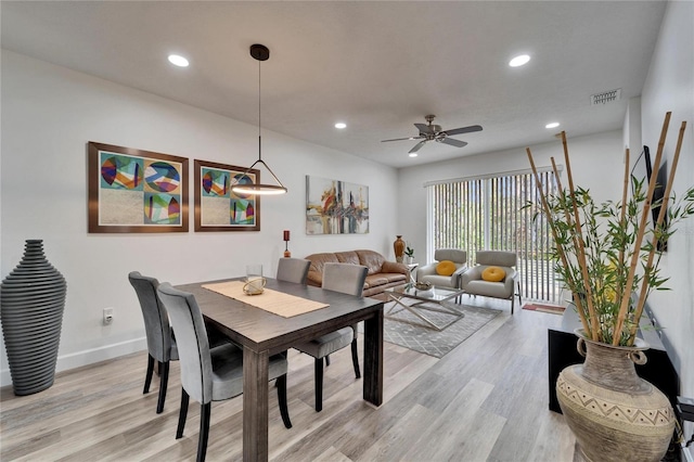 dining area featuring visible vents, baseboards, ceiling fan, recessed lighting, and light wood-style flooring