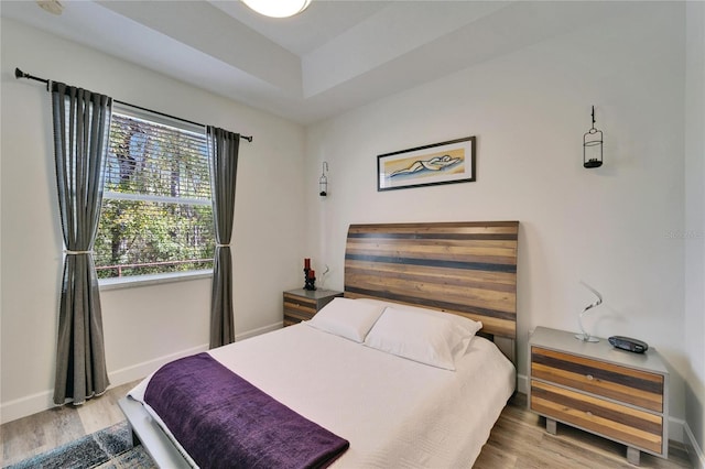 bedroom with baseboards and wood finished floors