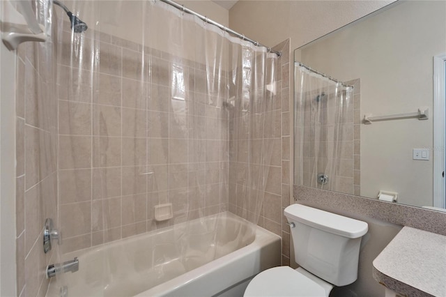 bathroom with toilet and shower / bathtub combination with curtain