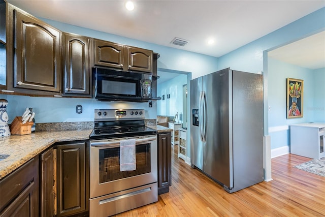 kitchen with recessed lighting, stainless steel appliances, visible vents, light wood-style floors, and dark brown cabinets