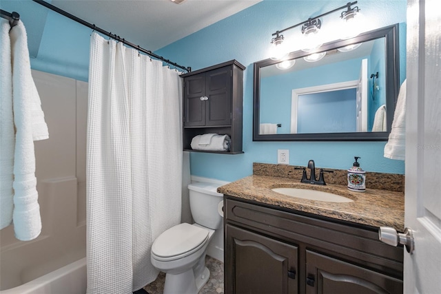 bathroom with shower / bath combo, vanity, and toilet