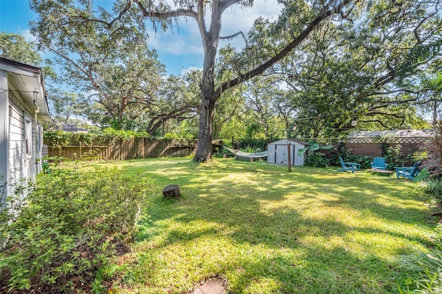 view of yard featuring an outbuilding, a storage unit, and a fenced backyard