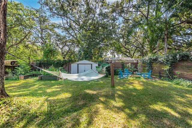 view of yard with a storage shed, an outdoor structure, and a fenced backyard