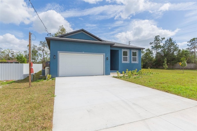 ranch-style house featuring a front lawn, an attached garage, fence, and stucco siding