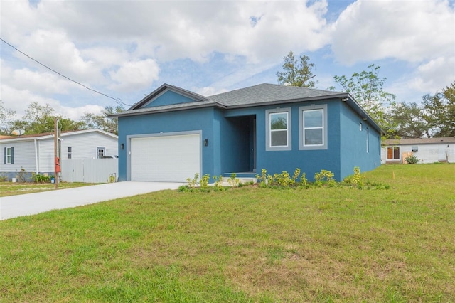 view of front of property with a garage, a front lawn, concrete driveway, and stucco siding