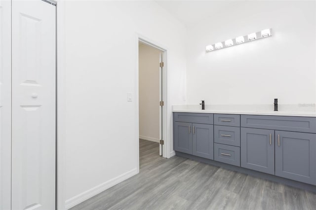 bathroom featuring double vanity, wood finished floors, a sink, and baseboards