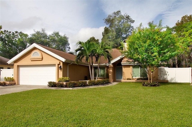 ranch-style home with concrete driveway, an attached garage, fence, a front yard, and stucco siding