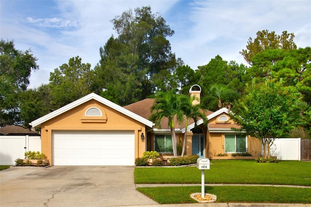 ranch-style house with stucco siding, concrete driveway, a front yard, fence, and a garage