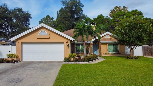 ranch-style house featuring driveway, a garage, fence, and a front yard