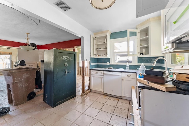 kitchen featuring open shelves, white appliances, visible vents, and a healthy amount of sunlight