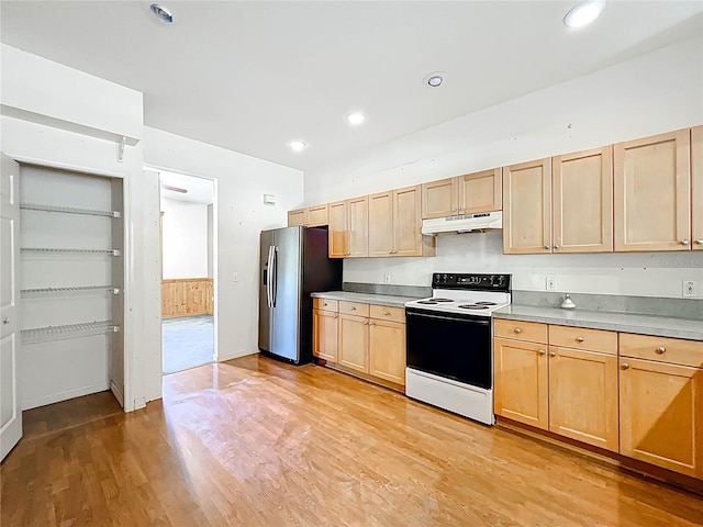 kitchen featuring light wood-style flooring, under cabinet range hood, stainless steel fridge with ice dispenser, light brown cabinetry, and white electric range oven