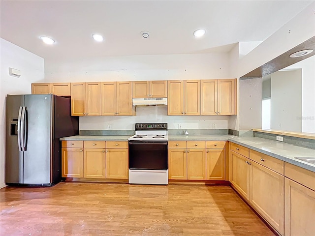 kitchen with light brown cabinets, under cabinet range hood, range with electric cooktop, light wood-type flooring, and stainless steel refrigerator with ice dispenser