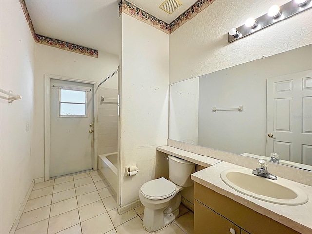 full bathroom with tile patterned flooring, toilet, visible vents, vanity, and tub / shower combination