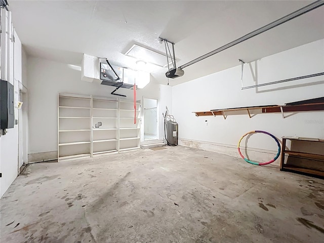 garage with water heater and a garage door opener