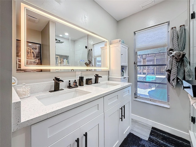 bathroom featuring visible vents, a sink, baseboards, and double vanity