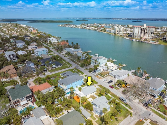 aerial view with a water view and a residential view