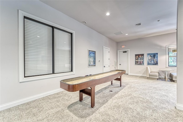 recreation room featuring carpet floors, recessed lighting, visible vents, and baseboards