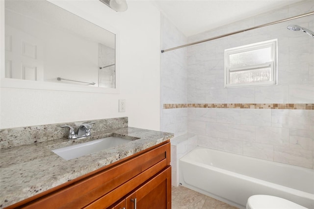 full bath with toilet, shower / tub combination, and vanity