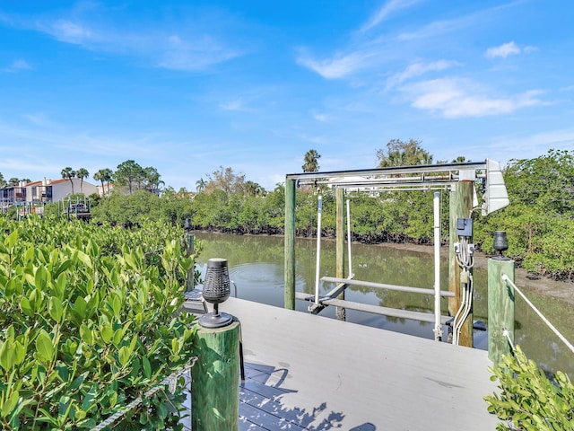 dock area featuring a water view and boat lift