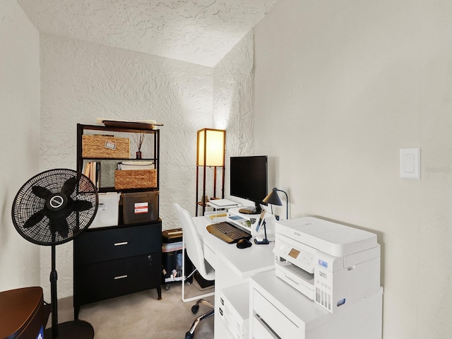 carpeted home office featuring a textured wall