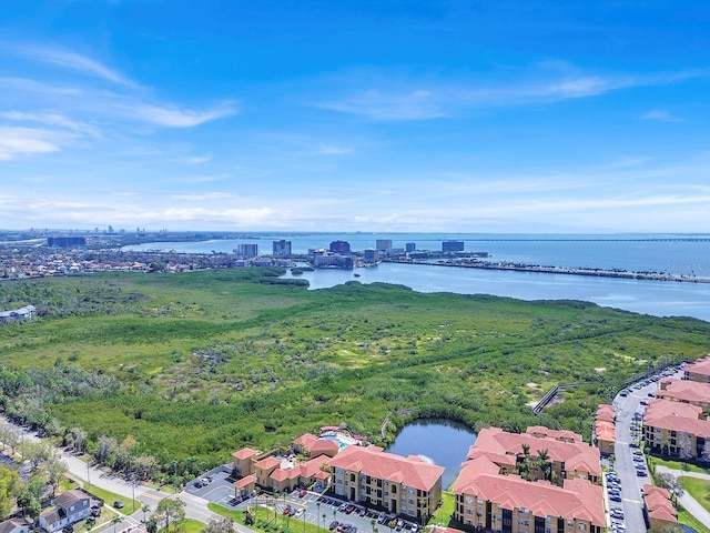 bird's eye view with a water view