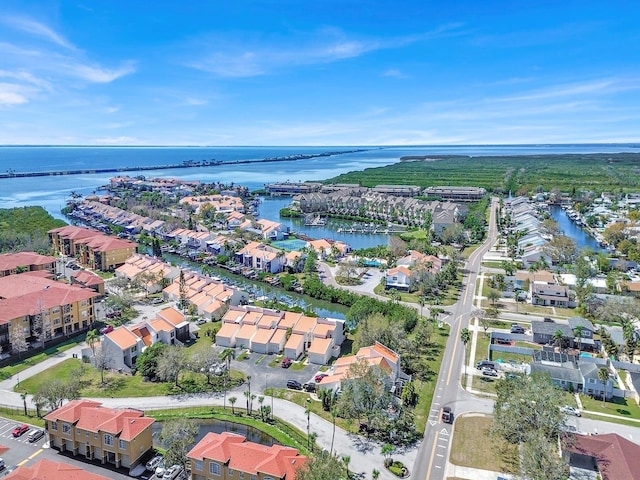 birds eye view of property with a water view and a residential view