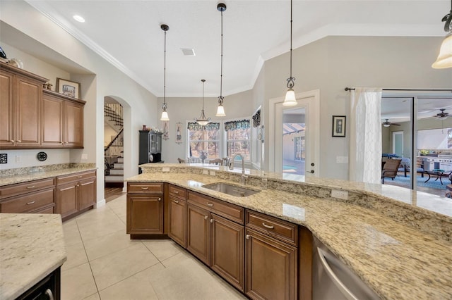 4411 Culbreath Rd, Valrico, FL 33596 - kitchen featuring crown molding, light tile patterned floors, visible vents, and a sink