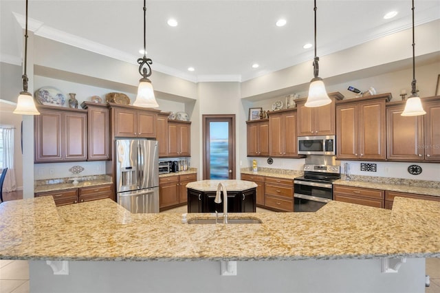 4411 Culbreath Rd, Valrico, FL 33596 - kitchen with a kitchen bar, a large island, ornamental molding, a sink, and stainless steel appliances