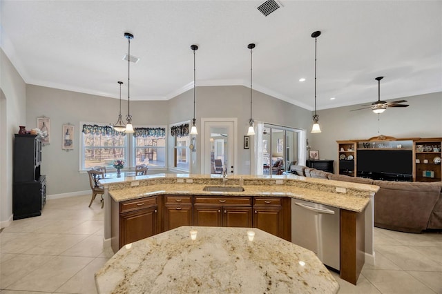 4411 Culbreath Rd, Valrico, FL 33596 - kitchen featuring visible vents, open floor plan, light stone counters, stainless steel dishwasher, and a sink
