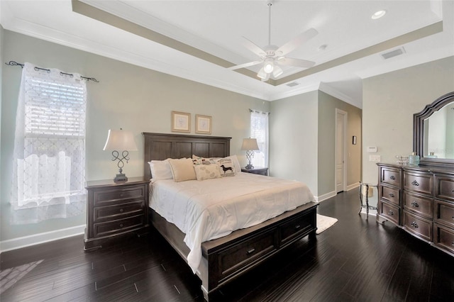 4411 Culbreath Rd, Valrico, FL 33596 - bedroom featuring dark wood-style floors, visible vents, a raised ceiling, and baseboards