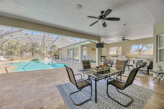 4411 Culbreath Rd, Valrico, FL 33596 - pool featuring an outdoor living space, ceiling fan, glass enclosure, and a patio