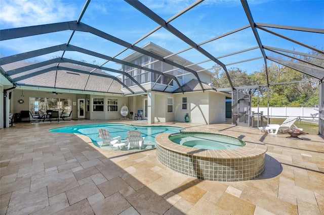 4411 Culbreath Rd, Valrico, FL 33596 - view of swimming pool with a lanai, a ceiling fan, a patio, and fence