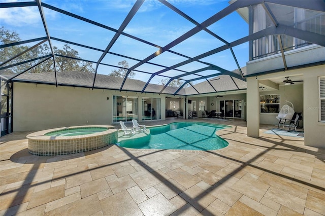 4411 Culbreath Rd, Valrico, FL 33596 - view of pool featuring glass enclosure, a patio area, a pool with connected hot tub, and ceiling fan