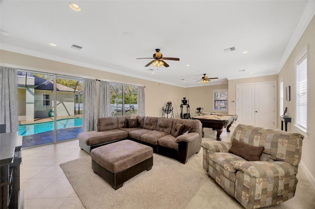 4411 Culbreath Rd, Valrico, FL 33596 - living room featuring billiards, light tile patterned floors, visible vents, and ornamental molding