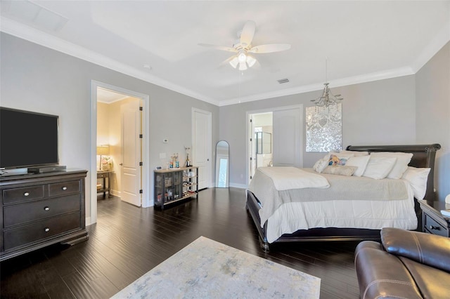 4411 Culbreath Rd, Valrico, FL 33596 - bedroom featuring visible vents, dark wood-type flooring, ornamental molding, connected bathroom, and baseboards