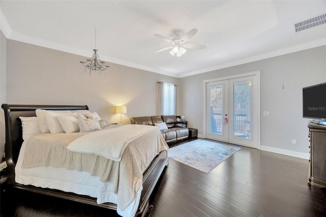 4411 Culbreath Rd, Valrico, FL 33596 - bedroom featuring visible vents, baseboards, dark wood-type flooring, french doors, and access to outside