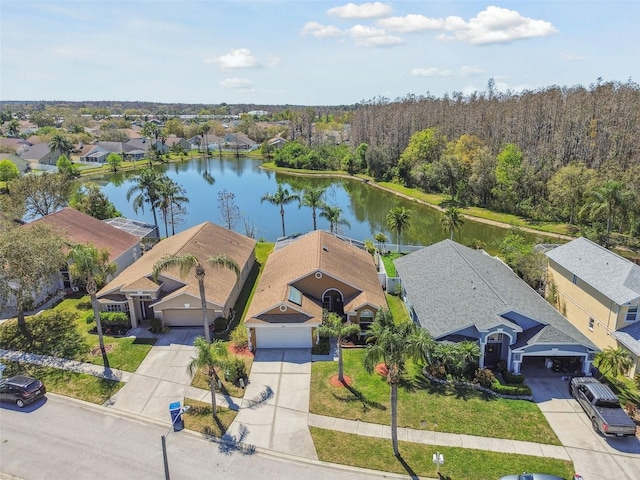 birds eye view of property featuring a water view and a residential view