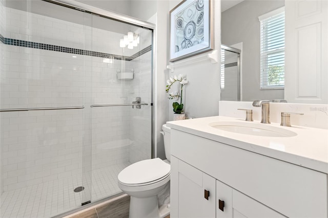 full bathroom featuring a stall shower, vanity, and toilet