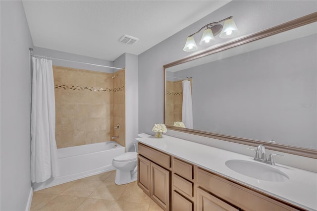 full bath featuring tile patterned flooring, toilet, vanity, visible vents, and shower / tub combo with curtain