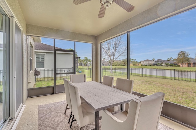 11330 Lake Lucaya Dr, Riverview, FL 33579 - sunroom / solarium featuring a water view, a residential view, a ceiling fan, and outdoor dining area