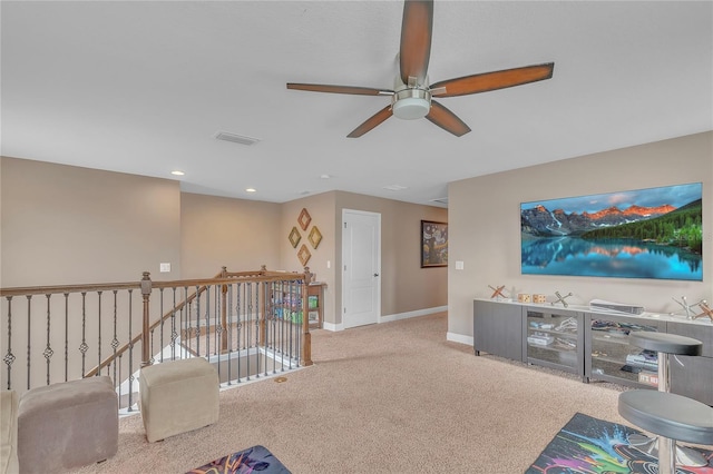 11330 Lake Lucaya Dr, Riverview, FL 33579 - living room with carpet floors, visible vents, baseboards, ceiling fan, and recessed lighting