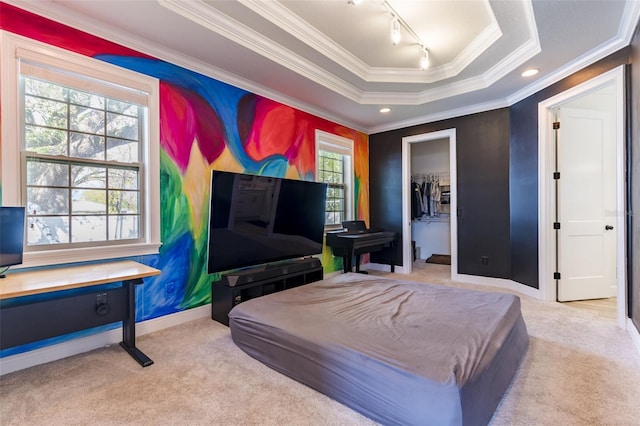 bedroom featuring carpet, baseboards, a raised ceiling, and crown molding