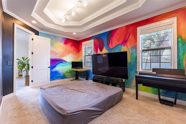 bedroom with carpet floors, a tray ceiling, multiple windows, and baseboards